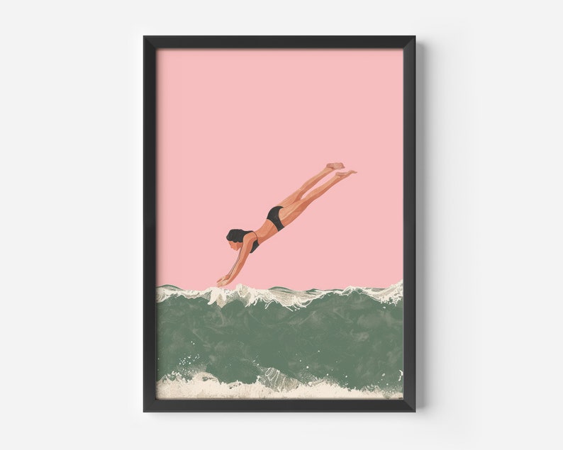 May include: A woman in a black swimsuit dives into a green wave against a pink background.