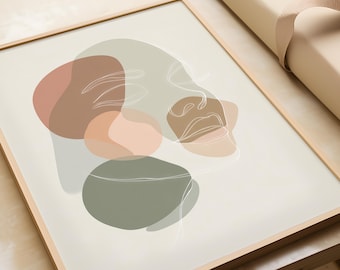 Dekoracja salonu w stylu boho | Skandynawski plakat artystyczny, abstrakcyjna twarz | Ilustracja pastelowa, beż, róż, zieleń | Nowoczesna sztuka ścienna, biuro domowe, korytarz