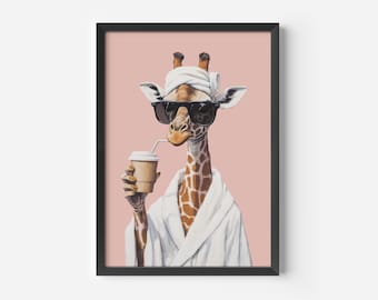 Animal Poster Giraffe in Bathrobe | Funny Wall Art for Bathroom | Humorous Pictures | Coffee Mug Poster | Cool Giraffe Wall Art