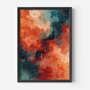 May include: Framed abstract art print featuring a watercolor design. The artwork showcases a blend of orange, teal, and red hues, with subtle gold accents. The piece is encased in a black frame, suitable for wall decor.
