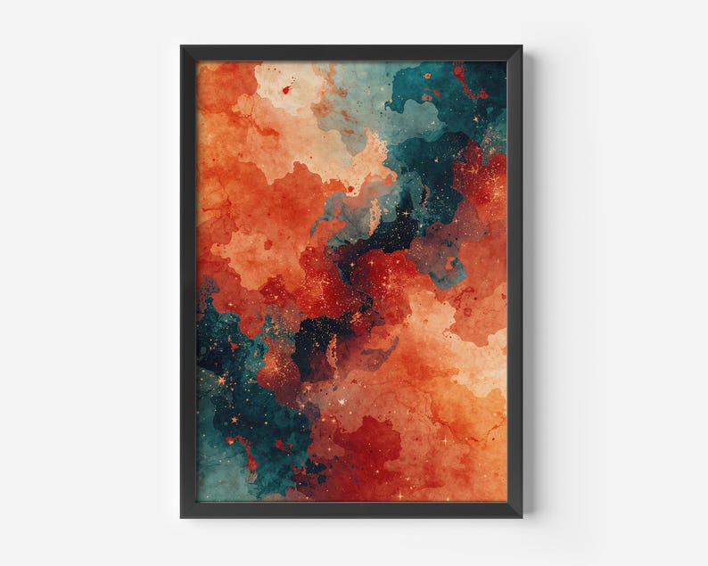May include: Framed abstract art print featuring a watercolor design. The artwork showcases a blend of orange, teal, and red hues, with subtle gold accents. The piece is encased in a black frame, suitable for wall decor.