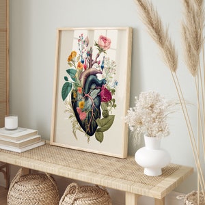 May include: A framed print of a stylized anatomical heart with floral elements. The heart is blue and green, and the flowers are pink, red, yellow, and white.