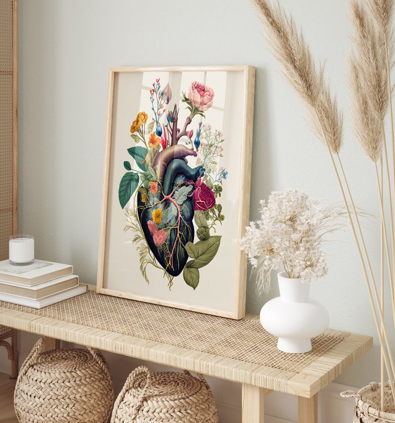 May include: A framed print of a stylized anatomical heart with floral elements. The heart is blue and green, and the flowers are pink, red, yellow, and white.