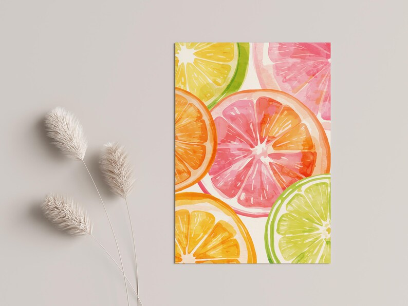 May include: Watercolor illustration of citrus fruit slices, including orange, grapefruit, lime, and lemon. The vibrant artwork features a mix of colors, such as pink, yellow, green, and orange. The fruit slices are arranged in a close-up composition.