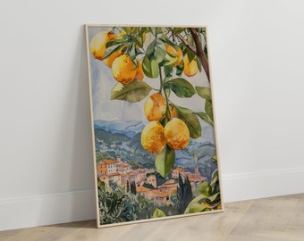 Summer Flair Wall Art for Living Room | Watercolor Lemon Landscape Poster | Italian Decor Idea for Kitchen & Dining Room | Nature Artwork