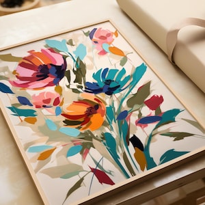 Abstrakte Blumen Wandkunst | Buntes Bild Wohnzimmer Deko | Modernes Blumenposter | Farbenfrohe Wanddeko | Pflanzen Poster | Büro Flur Bilder