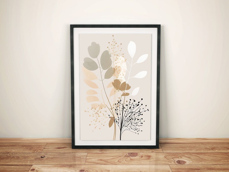 May include: A framed print with a minimalist design featuring abstract floral shapes in shades of beige, brown, and gray on a light pink background.