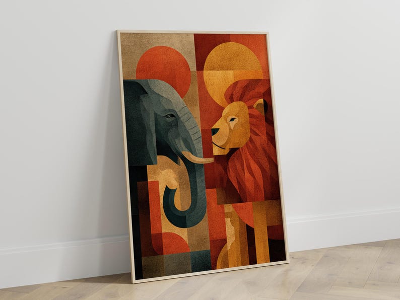May include: Framed art print featuring a geometric design of an elephant and a lion facing each other. The artwork uses a palette of orange, brown, and teal, with a background of geometric shapes and two orange circles.