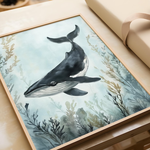 Muurdecoratie voor de woonkamer met een onderwaterwereldthema | Nautische poster met een blauwe walvis | Aquarel illustratie met zeethema | Kunst in Scandinavische stijl voor de kinderkamer