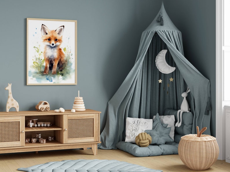 Decorazione per soggiorno | Illustrazione di volpe ad acquerello | Simpatica stampa di animali | Stampa artistica scandinava per cameretta, ufficio, regalo immagine 9
