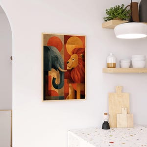 May include: A framed art print featuring a geometric design of an elephant and a lion facing each other. The artwork uses a palette of orange, red, and blue, with a wooden frame. The print is displayed on a white wall.