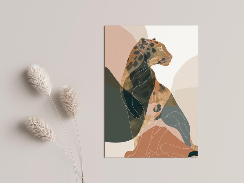 May include: An abstract art print featuring a leopard illustration. The artwork uses a palette of muted colors, including brown, green, and beige, with a white outline. The leopard is depicted in a seated position, with a focus on its profile. The background has abstract shapes.