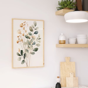 Bohemisk väggkonst: Eukalyptusgrenar och blommor | Akvarell växtposter | Bohemisk växtposter bild 4