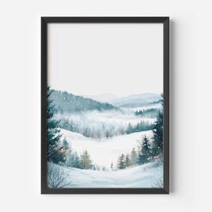 Winterwald Poster im Aquarell Look | Skandinavisches Winterbild | Poster Schnee | Schneelandschaft | Beruhigende Landschaft | Winter Deko