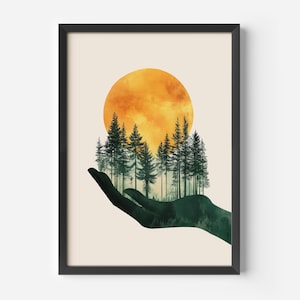 Opera d'arte per soggiorno raffigurante la natura | Decorazione murale boho con motivo solare | Illustrazione di alberi della foresta in mano | Poster decorativo minimalista armonioso