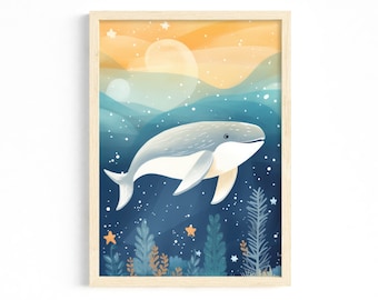 Avventura subacquea: balena giocosa nel mare | Decorazione della stanza dei bambini | Poster animali marini