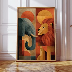 May include: Framed art print featuring a geometric design of an elephant and a lion facing each other. The artwork uses a palette of orange, brown, and teal. The print is in a wooden frame and is displayed on a wooden floor.