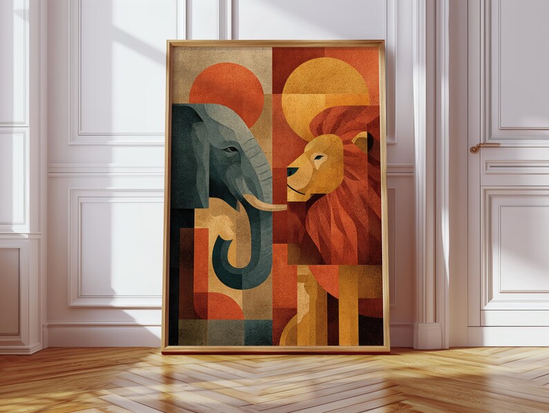 May include: Framed art print featuring a geometric design of an elephant and a lion facing each other. The artwork uses a palette of orange, brown, and teal. The print is in a wooden frame and is displayed on a wooden floor.