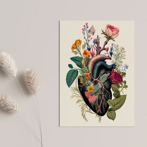 May include: A vintage anatomical heart illustration with a variety of colorful flowers growing from it. The heart is dark green and black, with red veins. The flowers are pink, red, yellow, orange, and blue.