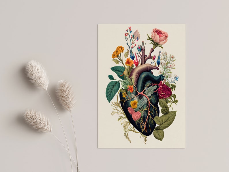 May include: A vintage anatomical heart illustration with a variety of colorful flowers growing from it. The heart is dark green and black, with red veins. The flowers are pink, red, yellow, orange, and blue.