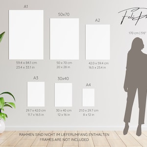 May include: A white wall with a silhouette of a person standing next to a chart showing different paper sizes in inches and centimeters. The chart includes the following sizes: A1, A2, A3, A4, 50x70, and 30x40. The text "Frames are not included" is at the bottom of the chart.