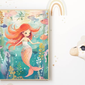 Underwater wall mural for the baby's room | Fantasy nursery poster with sea creatures | Magical decoration for a girl's room | Birth gift