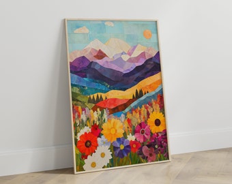 Nature Poster Living Room Landscape | Colorful Mountain Landscape Floral Illustration | Vibrant Modern Decorative Art Print | Abstract Floral Poster