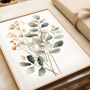 Bohemisk väggkonst: Eukalyptusgrenar och blommor | Akvarell växtposter | Bohemisk växtposter bild 3