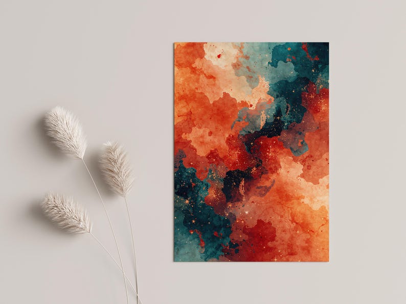 May include: Abstract art print featuring a watercolor design in shades of orange, red, and teal. The artwork has a textured appearance with a blend of colors, creating a dynamic and visually appealing composition. The print is rectangular and displayed on a neutral background.