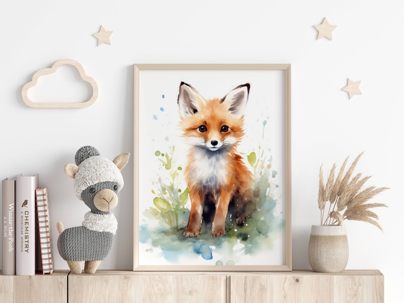 Decorazione per soggiorno | Illustrazione di volpe ad acquerello | Simpatica stampa di animali | Stampa artistica scandinava per cameretta, ufficio, regalo immagine 2