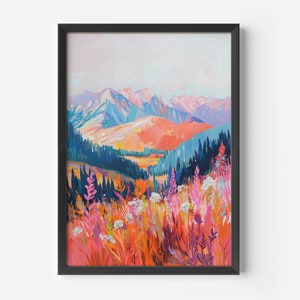 Bunte Berglandschaft Wandbild | Farbenfrohes Natur Poster für Wohnzimmer, Büro | Abstrakte Kunst mit Alpen & Blumen | Boho Wanddeko modern