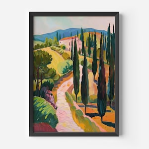 Puede incluir: Una pintura de un camino de tierra sinuoso que conduce hacia arriba de una colina hacia una casa rosa con &aacute;rboles verdes y un cielo azul en el fondo.