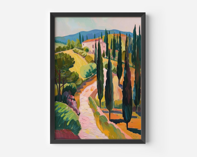 Puede incluir: Una pintura de un camino de tierra sinuoso que conduce hacia arriba de una colina hacia una casa rosa con &aacute;rboles verdes y un cielo azul en el fondo.