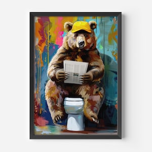 Badezimmer Deko lustig | Humorvolles Bärenbild modern | Buntes Aquarell Design | Kreative Wandkunst für Toilette und Gäste-WC