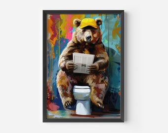 Funny toilet poster: Bear reading newspaper | Funny bathroom motif | Colorful bathroom decoration | Guest toilet wall art