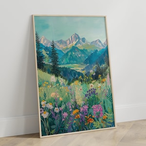 Grüne Berge Landschaft Poster | Natur Wandkunst mit Blumen | Wohnzimmer Deko | Berglandschaft Blume Wandbild | Bilder Blumenwiese Gletscher