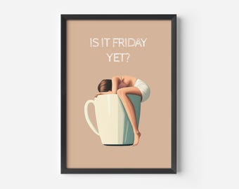 Humorous office wall decor | Minimalist illustration of a coffee-loving woman, beige poster | Funny art prints for coffee lovers, home office, and kitchen
