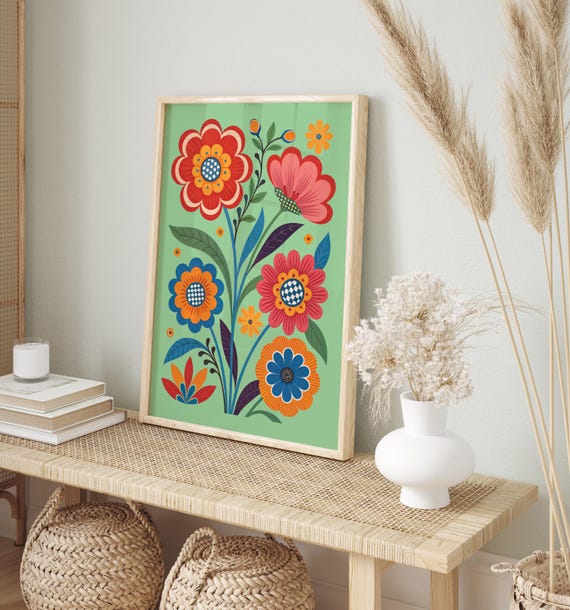Frühlingshafte Wanddeko Wohnzimmer | Retro Flower Illustration | Bunte Blumen Kunstdruck Vintage | Skandinavische Deko Flur Küche