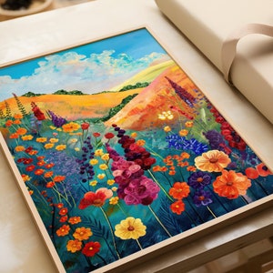 Colorful living room wall art | Cheerful floral landscape decoration | Modern nature impression | Vibrant mural | Colorful decoration for hallway, office, kitchen