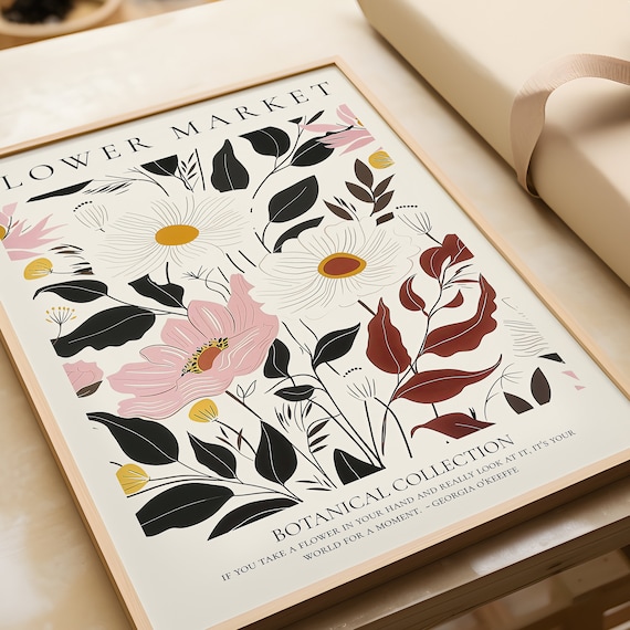 Botanische Kunst Schlafzimmer | Floraler Druck Retro Poster | Rosa Gelb Blumen Natur Illustration | Vintage Blumen Dekor Wohnzimmer Büro
