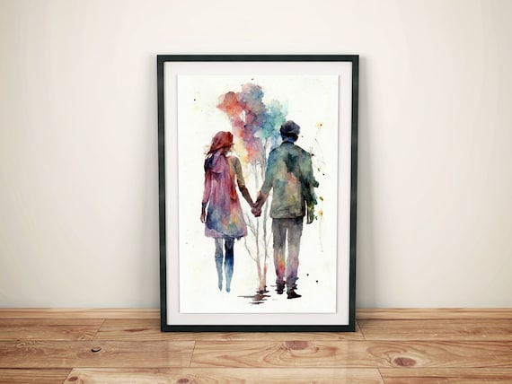 Liebevolle Wanddekoration | Zeitgenössisches Aquarell-Poster Bild Paar | Emotionale Kunstdrucke für Zuhause | Farbenfrohe Kunstwerke Deko