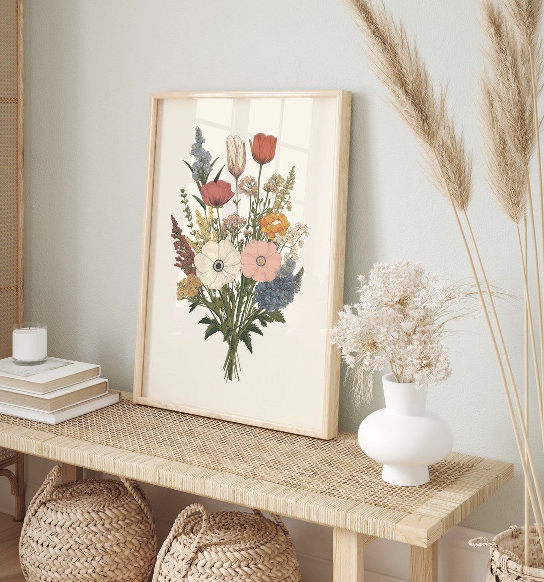 Vintage Living Room Decor | Botanical Illustration of a Bouquet of ...