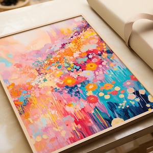 Poster floreale per soggiorno | Arte murale moderna e vivace | Fiori colorati astratti | Decorazione allegra per corridoio, cucina, sala da pranzo, ufficio, idea regalo