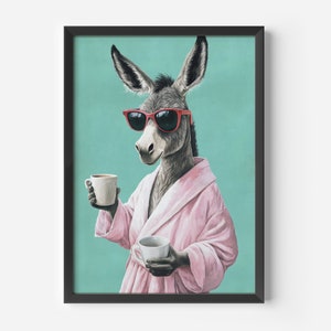 Lustige Tier Wandkunst | Esel mit Kaffee Bild | Tierporträt Wandbild für Küche Wohnzimmer | Humorvolle Küchendekoration | Skurrile Tier Deko