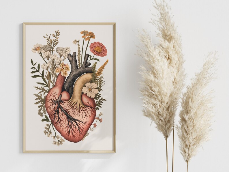 Living Room Artwork in Vintage Style | Botanical Heart Flower ...