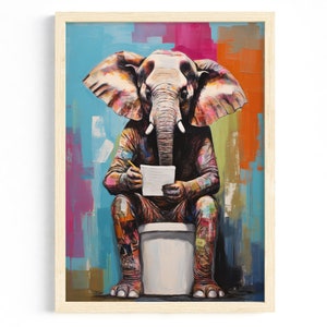 Decorazione divertente per il bagno | Immagine divertente del bagno per gli ospiti | Poster umoristico di un elefante sul water | Arte murale originale per il bagno | Divertenti murales da parete per WC