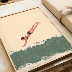 May include: A digital illustration of a person diving into a green wave with white foam. The person is wearing a black swimsuit.