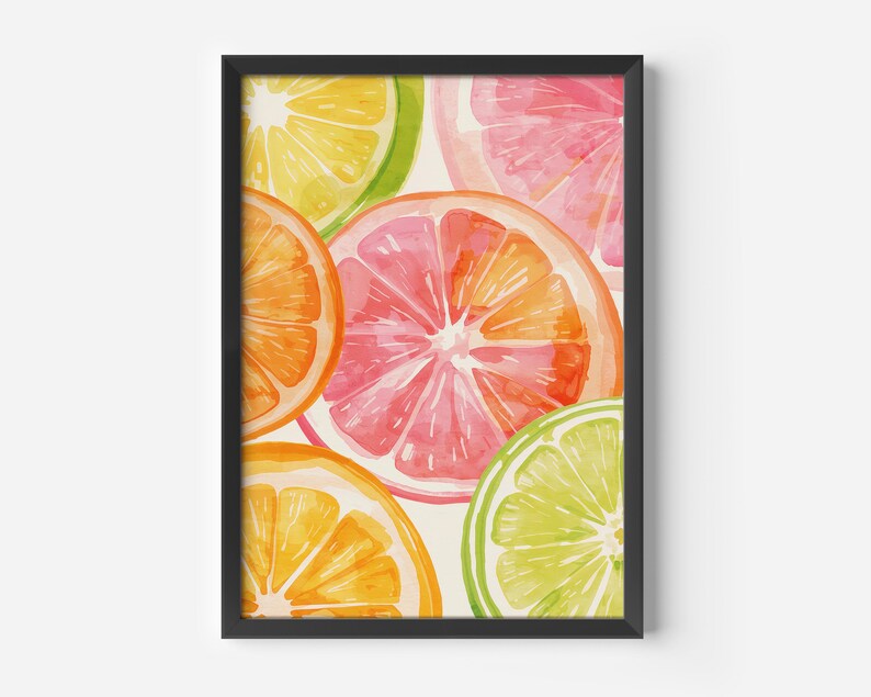 May include: A framed art print featuring a watercolor illustration of citrus fruit slices. The artwork showcases vibrant oranges, pink grapefruits, yellow lemons, and green limes. The fruit slices are arranged in a close-up composition, with a black frame.