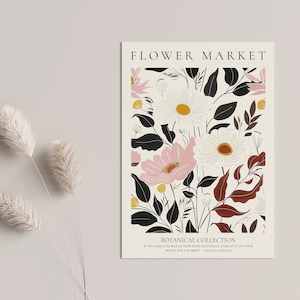 May include: A printable poster with a floral pattern featuring pink, white, and yellow flowers with black and burgundy leaves. The poster has the text "FLOWER MARKET" and "BOTANICAL COLLECTION" at the top and bottom. The text at the bottom also includes a quote: "If you take a flower in your hand and really look at it, it's your world for a moment." - Georgia O'Keeffe