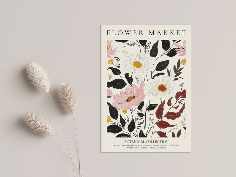 May include: A printable poster with a floral pattern featuring pink, white, and yellow flowers with black and burgundy leaves. The poster has the text "FLOWER MARKET" and "BOTANICAL COLLECTION" at the top and bottom. The text at the bottom also includes a quote: "If you take a flower in your hand and really look at it, it's your world for a moment." - Georgia O'Keeffe